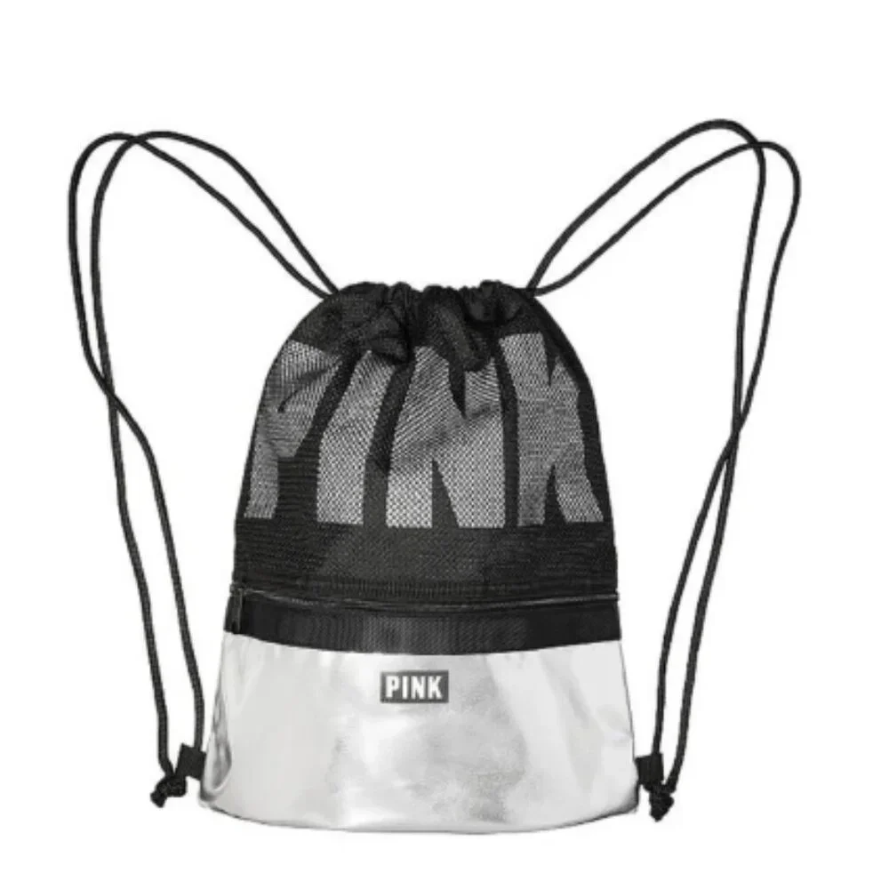 Pink Victoria's Secret - Drawstring‎ Backpack Black & Metallic Silver 5205